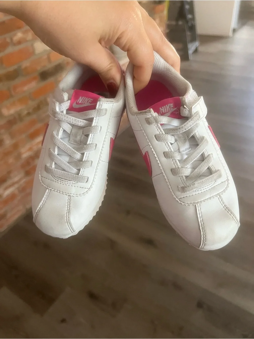Nike Kids White Sneaker with Pink Swoosh Cortez 11c
